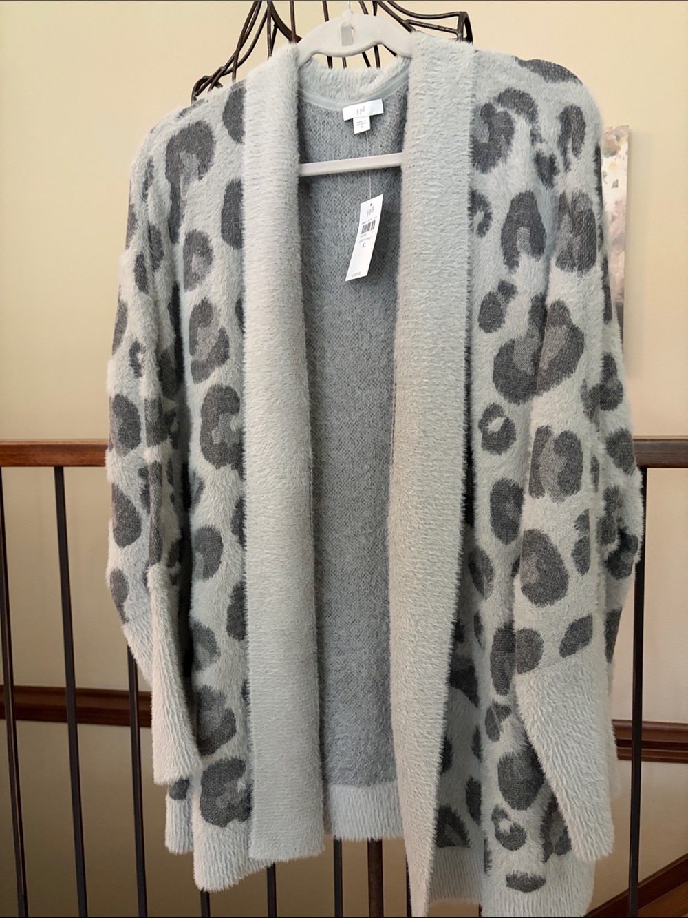 NWT J.Jill Grey Fuzzy Super Soft Fuzzy Leopard Open Front Cardigan Sz XL